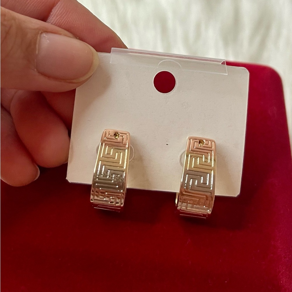 Elegant Three Tone Geometric Oval Hoop Earrings
